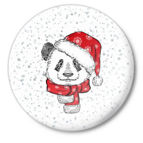 Значок с принтом Панда Санта ,  металл | круглая форма, металлическая застежка в виде булавки | Тематика изображения на принте: дед мороз | зима | медведь | праздник | рождество | санта клаус | снег | шапка | шарф