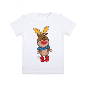 Детская футболка хлопок с принтом Олень в шарфике , 100% хлопок | круглый вырез горловины, полуприлегающий силуэт, длина до линии бедер | Тематика изображения на принте: новогодний олень | олень | олень в шарфике
