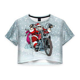 Женская футболка 3D укороченная с принтом Санта Клаус байкер , 100% полиэстер | круглая горловина, длина футболки до линии талии, рукава с отворотами | байк | дед мороз | зима | мотоцикл | рождество | снег
