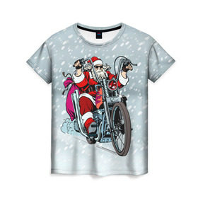 Женская футболка 3D с принтом Санта Клаус байкер , 100% полиэфир ( синтетическое хлопкоподобное полотно) | прямой крой, круглый вырез горловины, длина до линии бедер | байк | дед мороз | зима | мотоцикл | рождество | снег