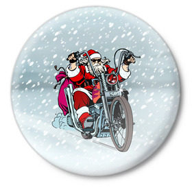 Значок с принтом Санта Клаус байкер ,  металл | круглая форма, металлическая застежка в виде булавки | байк | дед мороз | зима | мотоцикл | рождество | снег