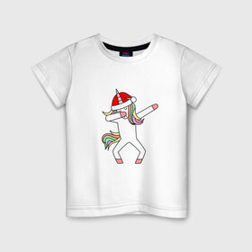 Детская футболка хлопок с принтом Единорог в шапке Санты Дэб , 100% хлопок | круглый вырез горловины, полуприлегающий силуэт, длина до линии бедер | дэб | единорог | новый год | санта