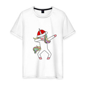 Мужская футболка хлопок с принтом Единорог в шапке Санты Дэб , 100% хлопок | прямой крой, круглый вырез горловины, длина до линии бедер, слегка спущенное плечо. | дэб | единорог | новый год | санта