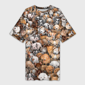 Платье-футболка 3D с принтом Щенки ,  |  | бультерьер | корги | мопс | паттерн | пес | питбуль | породы | собака | собачка | хаски | щенок