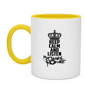 Кружка двухцветная с принтом Keep calm and listen MCR , керамика | объем — 330 мл, диаметр — 80 мм. Цветная ручка и кайма сверху, в некоторых цветах — вся внутренняя часть | gerard way | mcr | my chemical romance | альтернативный | группа | джерард уэй | май кемикал романс | мкр | мой химический роман | мхр | мцр | панк | поп | поппанк | рок | рэй торо