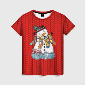 Женская футболка 3D с принтом Снеговик вышивка , 100% полиэфир ( синтетическое хлопкоподобное полотно) | прямой крой, круглый вырез горловины, длина до линии бедер | Тематика изображения на принте: new year | елка | новогодний | новогодняя вышивка | новый год | рождество | снег | снежинки