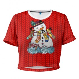 Женская футболка 3D укороченная с принтом Снеговик вышивка , 100% полиэстер | круглая горловина, длина футболки до линии талии, рукава с отворотами | new year | елка | новогодний | новогодняя вышивка | новый год | рождество | снег | снежинки