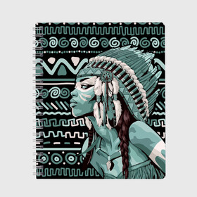 Тетрадь с принтом Девушка индеец , 100% бумага | 48 листов, плотность листов — 60 г/м2, плотность картонной обложки — 250 г/м2. Листы скреплены сбоку удобной пружинной спиралью. Уголки страниц и обложки скругленные. Цвет линий — светло-серый
 | beautiful | body art | braids | feathers | fringe | girl | indian | mohawk | ornament | pendant | profile | бахрома | боди арт | девушка индеец | ирокез | косы | кулон | орнамент | перья | профиль