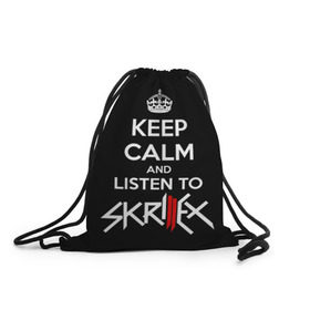 Рюкзак-мешок 3D с принтом Skrillex keep calm , 100% полиэстер | плотность ткани — 200 г/м2, размер — 35 х 45 см; лямки — толстые шнурки, застежка на шнуровке, без карманов и подкладки | Тематика изображения на принте: dub step | dubstep | keep calm | skrillex | даб степ | дабстеп | диджей | драм энд басс | скрилекс