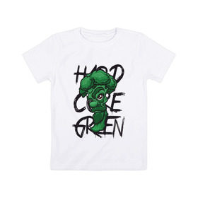 Детская футболка хлопок с принтом Брокколи Hardcore Green , 100% хлопок | круглый вырез горловины, полуприлегающий силуэт, длина до линии бедер | Тематика изображения на принте: beard | broccoli | vegan | vegeterian | борода | брокколи | веган | вегетарианец | вегетарианство | зеленый | овощ | персонаж | слоган | усы