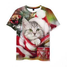 Мужская футболка 3D с принтом Новогодний котик , 100% полиэфир | прямой крой, круглый вырез горловины, длина до линии бедер | Тематика изображения на принте: елка | зима | кот | котейка | кошка | мороз | новый год | снег