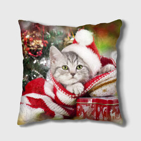Подушка 3D с принтом Новогодний котик , наволочка – 100% полиэстер, наполнитель – холлофайбер (легкий наполнитель, не вызывает аллергию). | состоит из подушки и наволочки. Наволочка на молнии, легко снимается для стирки | елка | зима | кот | котейка | кошка | мороз | новый год | снег