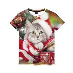 Женская футболка 3D с принтом Новогодний котик , 100% полиэфир ( синтетическое хлопкоподобное полотно) | прямой крой, круглый вырез горловины, длина до линии бедер | елка | зима | кот | котейка | кошка | мороз | новый год | снег
