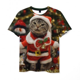 Мужская футболка 3D с принтом Прикольный Санта , 100% полиэфир | прямой крой, круглый вырез горловины, длина до линии бедер | елка | зима | кот | котейка | кошка | мороз | новый год | снег | снежинки