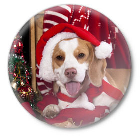 Значок с принтом Прикольный Санта ,  металл | круглая форма, металлическая застежка в виде булавки | Тематика изображения на принте: елка | новый год | пес | снег | снежинки | собака | щенок