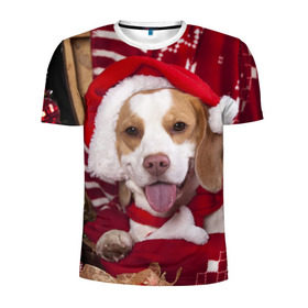 Мужская футболка 3D спортивная с принтом Прикольный Санта , 100% полиэстер с улучшенными характеристиками | приталенный силуэт, круглая горловина, широкие плечи, сужается к линии бедра | елка | новый год | пес | снег | снежинки | собака | щенок