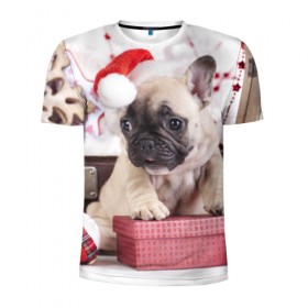 Мужская футболка 3D спортивная с принтом Новогодние чудеса , 100% полиэстер с улучшенными характеристиками | приталенный силуэт, круглая горловина, широкие плечи, сужается к линии бедра | елка | новый год | пес | снег | снежинки | собака | щенок