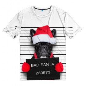 Мужская футболка 3D с принтом Прикольный Санта , 100% полиэфир | прямой крой, круглый вырез горловины, длина до линии бедер | елка | зима | мороз | новый год | снег | снежинки | собака