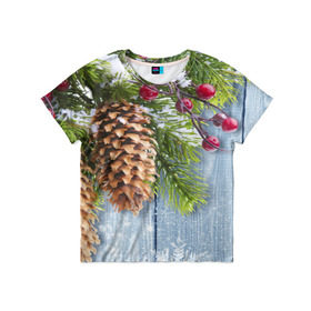 Детская футболка 3D с принтом Зимушка-Зима , 100% гипоаллергенный полиэфир | прямой крой, круглый вырез горловины, длина до линии бедер, чуть спущенное плечо, ткань немного тянется | елка | зима | мороз | новый год | снег | снежинки | ягода