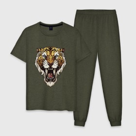 Мужская пижама хлопок с принтом Тигр тигр тигрррррррр , 100% хлопок | брюки и футболка прямого кроя, без карманов, на брюках мягкая резинка на поясе и по низу штанин
 | Тематика изображения на принте: оскал | тигр