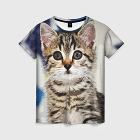 Женская футболка 3D с принтом Кот , 100% полиэфир ( синтетическое хлопкоподобное полотно) | прямой крой, круглый вырез горловины, длина до линии бедер | котенок