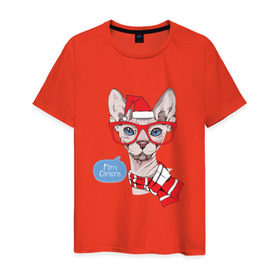 Мужская футболка хлопок с принтом Рождественский сфинкс , 100% хлопок | прямой крой, круглый вырез горловины, длина до линии бедер, слегка спущенное плечо. | киса домашние животные | кот | котик | котики | коты | кошка | кошки
