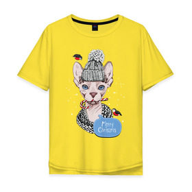 Мужская футболка хлопок Oversize с принтом Рождественский сфинкс 2 , 100% хлопок | свободный крой, круглый ворот, “спинка” длиннее передней части | киса домашние животные | кот | котик | котики | коты | кошка | кошки