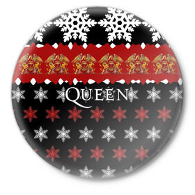 Значок с принтом Праздничный Queen ,  металл | круглая форма, металлическая застежка в виде булавки | Тематика изображения на принте: paul rodg | queen | quen | брайан мэй | глэм | группа | джон дикон | знак | квин | королева | красный | куин | меркури | меркьюри | мэркури | надпись | новогодний | новый год | поп | праздник | роджер тейлор