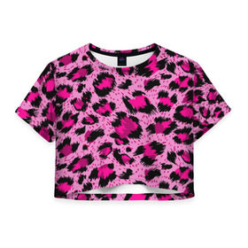 Женская футболка 3D укороченная с принтом Розовый леопард , 100% полиэстер | круглая горловина, длина футболки до линии талии, рукава с отворотами | Тематика изображения на принте: гепард | леопард
