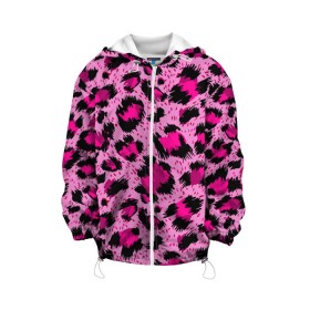 Детская куртка 3D с принтом Розовый леопард , 100% полиэстер | застежка — молния, подол и капюшон оформлены резинкой с фиксаторами, по бокам — два кармана без застежек, один потайной карман на груди, плотность верхнего слоя — 90 г/м2; плотность флисового подклада — 260 г/м2 | Тематика изображения на принте: гепард | леопард