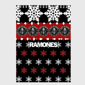 Скетчбук с принтом Праздничный Ramones , 100% бумага
 | 48 листов, плотность листов — 100 г/м2, плотность картонной обложки — 250 г/м2. Листы скреплены сверху удобной пружинной спиралью | Тематика изображения на принте: ramones | группа | джонни | джоуи | ди ди томми | знак | красный | марк | надпись | новогодний | новый год | панк | поп | праздник | раманес | раманэс | рамон | рамонес | рамонэс | рамоун | рамоунз | рамоунс