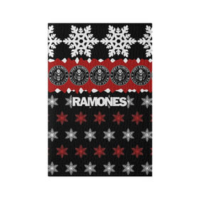Обложка для паспорта матовая кожа с принтом Праздничный Ramones , натуральная матовая кожа | размер 19,3 х 13,7 см; прозрачные пластиковые крепления | ramones | группа | джонни | джоуи | ди ди томми | знак | красный | марк | надпись | новогодний | новый год | панк | поп | праздник | раманес | раманэс | рамон | рамонес | рамонэс | рамоун | рамоунз | рамоунс
