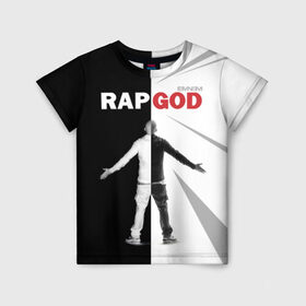 Детская футболка 3D с принтом Rap God Eminem , 100% гипоаллергенный полиэфир | прямой крой, круглый вырез горловины, длина до линии бедер, чуть спущенное плечо, ткань немного тянется | Тематика изображения на принте: 