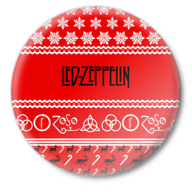 Значок с принтом Праздничный Led Zeppelin ,  металл | круглая форма, металлическая застежка в виде булавки | led zeppelin | блюз | группа | джимми пейдж | джон генри бонэм | джон пол джонс | знак | красный | лед зепелен | лед зеппелин | метал | надпись | новогодний | новый год | праздник | роберт плант | рождество