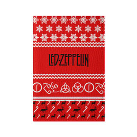 Обложка для паспорта матовая кожа с принтом Праздничный Led Zeppelin , натуральная матовая кожа | размер 19,3 х 13,7 см; прозрачные пластиковые крепления | led zeppelin | блюз | группа | джимми пейдж | джон генри бонэм | джон пол джонс | знак | красный | лед зепелен | лед зеппелин | метал | надпись | новогодний | новый год | праздник | роберт плант | рождество