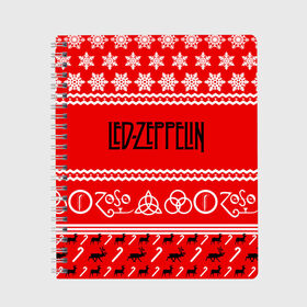 Тетрадь с принтом Праздничный Led Zeppelin , 100% бумага | 48 листов, плотность листов — 60 г/м2, плотность картонной обложки — 250 г/м2. Листы скреплены сбоку удобной пружинной спиралью. Уголки страниц и обложки скругленные. Цвет линий — светло-серый
 | Тематика изображения на принте: led zeppelin | блюз | группа | джимми пейдж | джон генри бонэм | джон пол джонс | знак | красный | лед зепелен | лед зеппелин | метал | надпись | новогодний | новый год | праздник | роберт плант | рождество