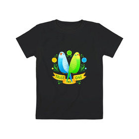 Детская футболка хлопок с принтом Попугаи арт , 100% хлопок | круглый вырез горловины, полуприлегающий силуэт, длина до линии бедер | Тематика изображения на принте: волнистый попугай | джунгли | попугай