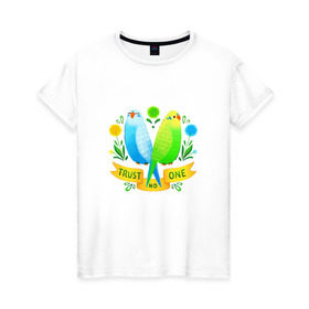 Женская футболка хлопок с принтом Попугаи арт , 100% хлопок | прямой крой, круглый вырез горловины, длина до линии бедер, слегка спущенное плечо | Тематика изображения на принте: волнистый попугай | джунгли | попугай