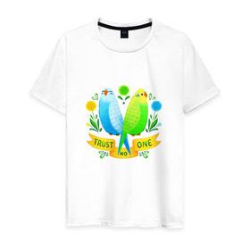 Мужская футболка хлопок с принтом Попугаи арт , 100% хлопок | прямой крой, круглый вырез горловины, длина до линии бедер, слегка спущенное плечо. | волнистый попугай | джунгли | попугай
