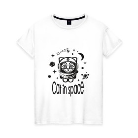 Женская футболка хлопок с принтом Кот в космосе , 100% хлопок | прямой крой, круглый вырез горловины, длина до линии бедер, слегка спущенное плечо | cat in space | астронавт | астрономия. | глазки | животные | звёзды.планеты | кометы | космонавт | космос | кот | кот в космосе | котёнок | котик | ми ми ми | милашка | полёт