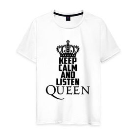 Мужская футболка хлопок с принтом Keep calm and listen Queen , 100% хлопок | прямой крой, круглый вырез горловины, длина до линии бедер, слегка спущенное плечо. | Тематика изображения на принте: paul rodgers | queen | quen | брайан мэй | глэм | группа | джон дикон | квин | королева | куин | меркури | меркьюри | мэркури | поп | роджер тейлор | рок | фредди | фреди | хард | хардрок