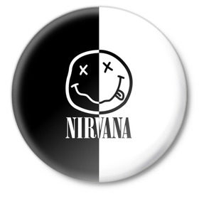 Значок с принтом Nirvana ,  металл | круглая форма, металлическая застежка в виде булавки | cobain | kurt | nirvana | альтернативный | гранж | грол | группа | дональд | кобейн | курт | музыка | музыкант | надпись | нервана | нирвана | новоселич | певец | рок | смайл | смайлик | солист | язык