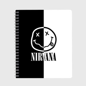 Тетрадь с принтом Nirvana , 100% бумага | 48 листов, плотность листов — 60 г/м2, плотность картонной обложки — 250 г/м2. Листы скреплены сбоку удобной пружинной спиралью. Уголки страниц и обложки скругленные. Цвет линий — светло-серый
 | cobain | kurt | nirvana | альтернативный | гранж | грол | группа | дональд | кобейн | курт | музыка | музыкант | надпись | нервана | нирвана | новоселич | певец | рок | смайл | смайлик | солист | язык