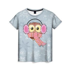 Женская футболка 3D с принтом Милая совушка , 100% полиэфир ( синтетическое хлопкоподобное полотно) | прямой крой, круглый вырез горловины, длина до линии бедер | owl | pattern | абстракция | арт | животный | зима | милые | птицы | снег | снежинки | совы | текстура | узор