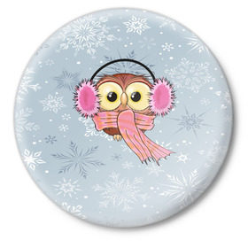 Значок с принтом Милая совушка ,  металл | круглая форма, металлическая застежка в виде булавки | owl | pattern | абстракция | арт | животный | зима | милые | птицы | снег | снежинки | совы | текстура | узор