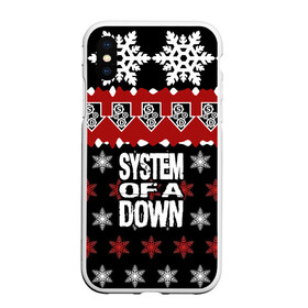 Чехол для iPhone XS Max матовый с принтом Праздничный System of a Down , Силикон | Область печати: задняя сторона чехла, без боковых панелей | soad | soil | system of a down | группа | дав | дарон малакян | джон долмаян | знак | красный | надпись | новогодний | новый год | оф | праздник | рождество | рок | серж танкян | систем | снежинки | соад | сод | соэд