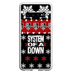 Чехол для Samsung Galaxy S10 с принтом Праздничный System of a Down , Силикон | Область печати: задняя сторона чехла, без боковых панелей | soad | soil | system of a down | группа | дав | дарон малакян | джон долмаян | знак | красный | надпись | новогодний | новый год | оф | праздник | рождество | рок | серж танкян | систем | снежинки | соад | сод | соэд