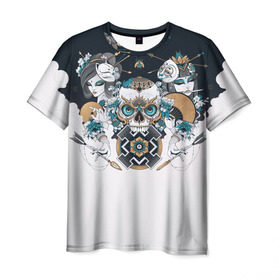 Мужская футболка 3D с принтом SKULL JAPAN , 100% полиэфир | прямой крой, круглый вырез горловины, длина до линии бедер | arrow | skull | белый | девушка | линии | маски.кот | модные | небо | облако | синий | скелет | стимпанк | стрелы | череп | яркие