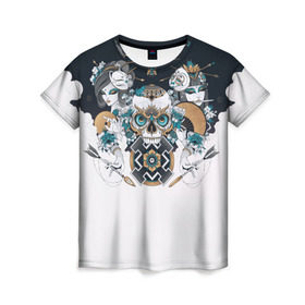 Женская футболка 3D с принтом SKULL JAPAN , 100% полиэфир ( синтетическое хлопкоподобное полотно) | прямой крой, круглый вырез горловины, длина до линии бедер | arrow | skull | белый | девушка | линии | маски.кот | модные | небо | облако | синий | скелет | стимпанк | стрелы | череп | яркие