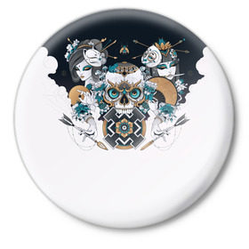 Значок с принтом SKULL JAPAN ,  металл | круглая форма, металлическая застежка в виде булавки | arrow | skull | белый | девушка | линии | маски.кот | модные | небо | облако | синий | скелет | стимпанк | стрелы | череп | яркие